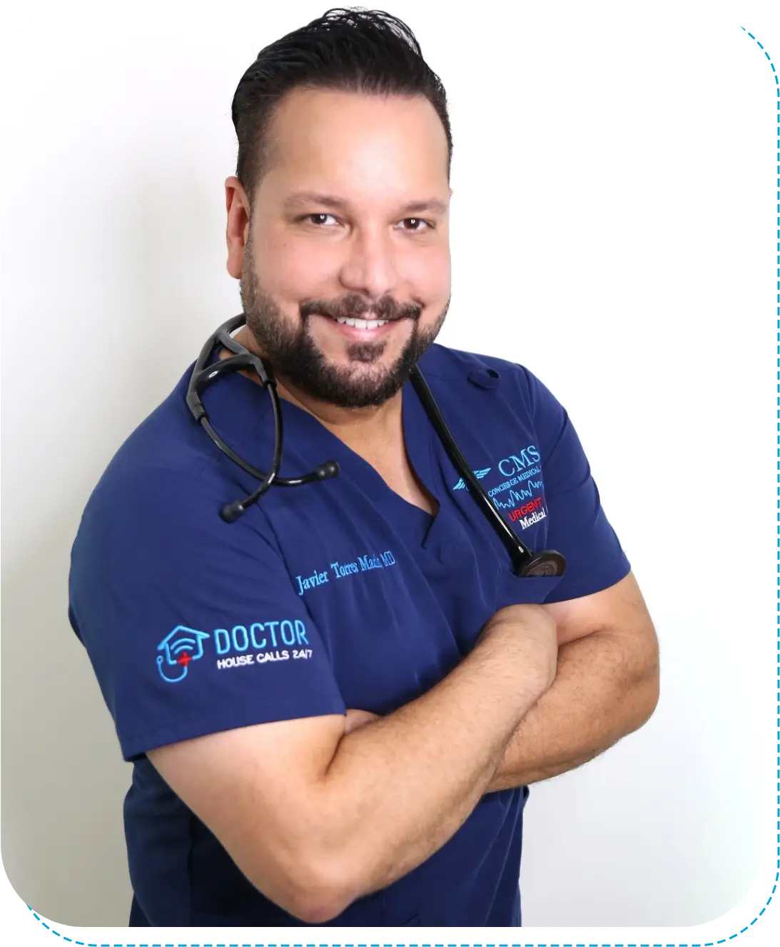 A man in blue shirt with stethoscope and arms crossed.